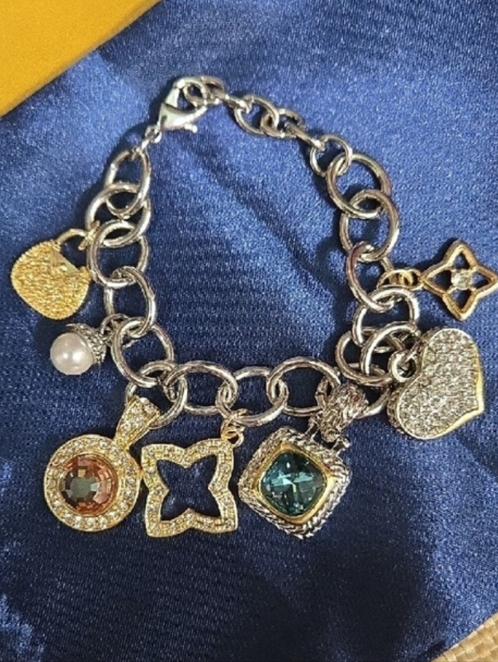 Silver & Gold Chuncky Charm Bracelet with Blue and Amber Stones